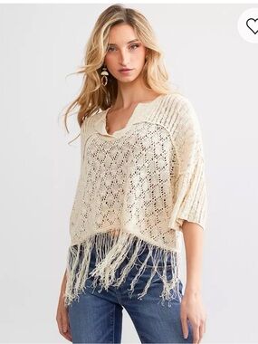 Miss Me Crochet Fringe Cropped Sweater Boho Oatmeal Cream size Large